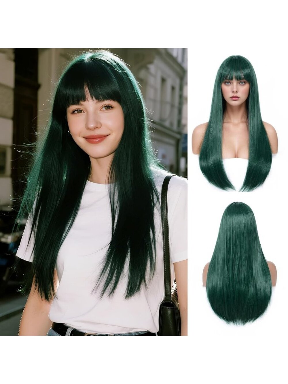 Women's Green 24 Inch Heat Resistant Synthetic Long Straight Bangs Wig